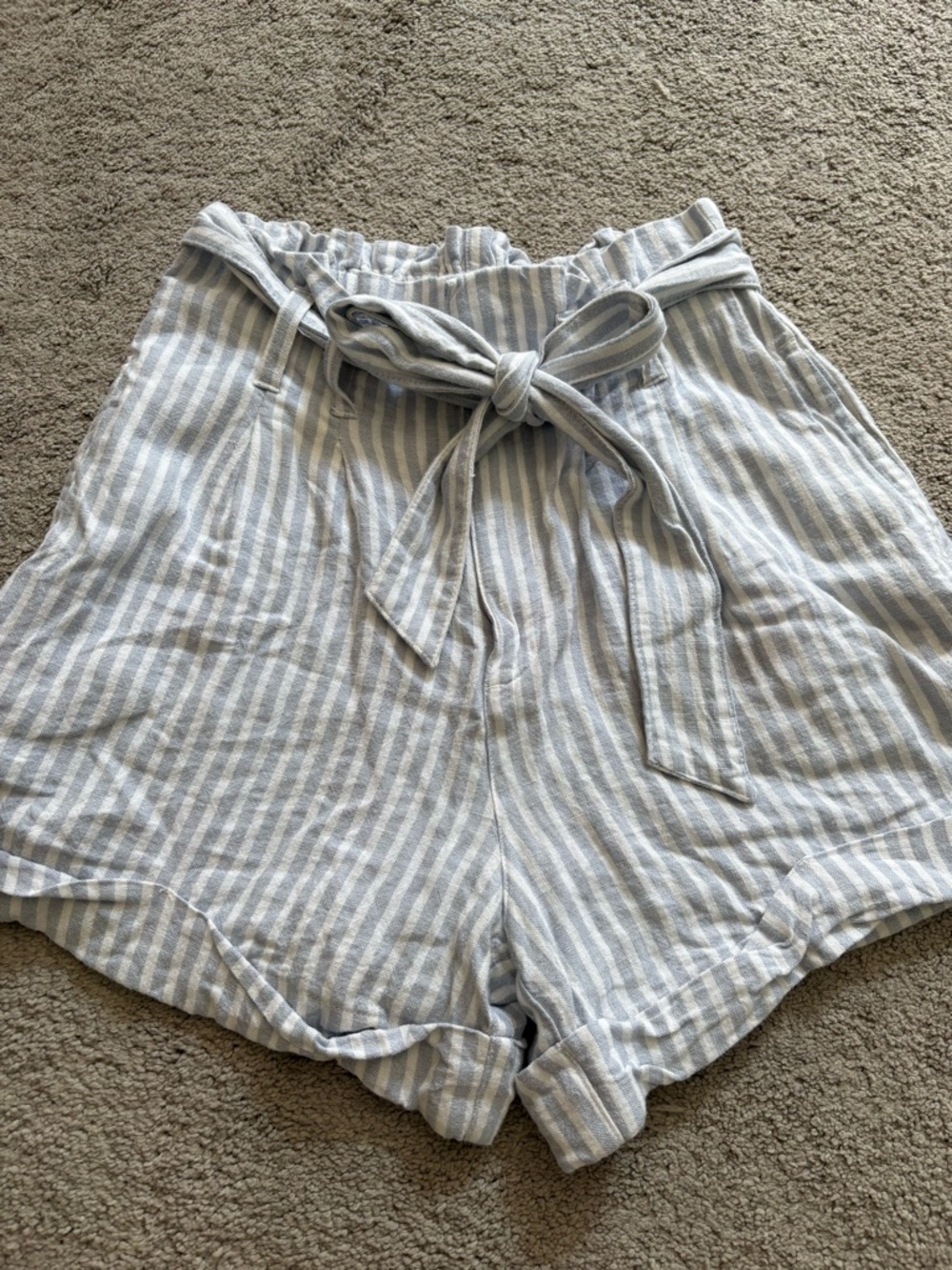 Abercrombie & Fitch Light Blue and White Striped Linen High-Waist Tie Shorts